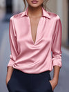 Collared V-Neck Blouse for Women with Long Sleeves and Smooth Finish