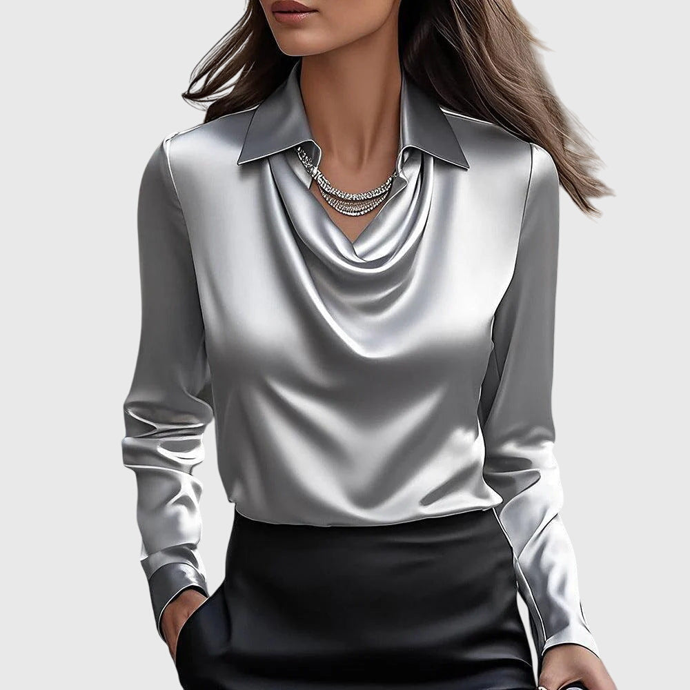 Blouse en satin pour femmes, col bénitier, manches longues, haut élégant
