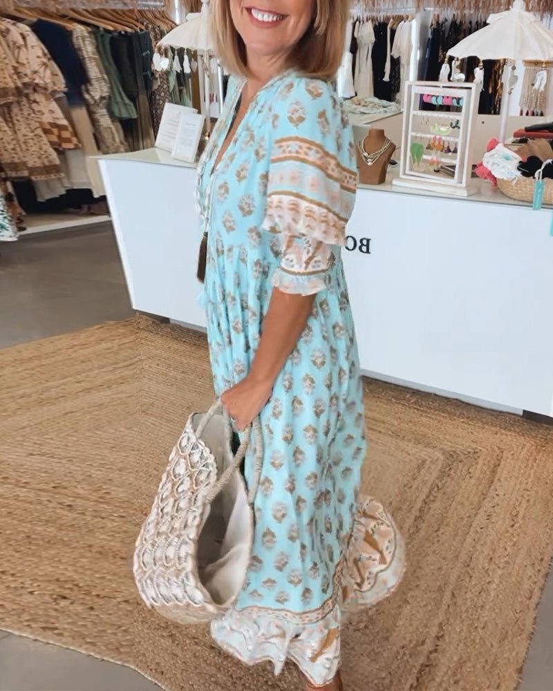Robe maxi à col en V fleurie pour femmes, coupe décontractée et élégante