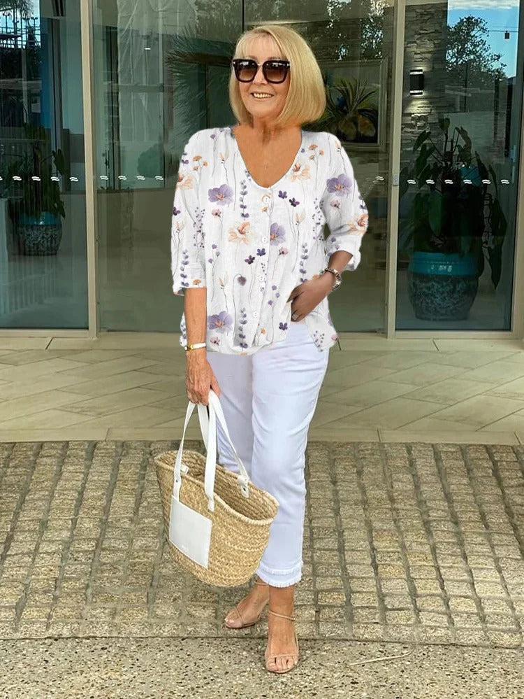 Blouse florale à col en V pour femmes, style décontracté élégant