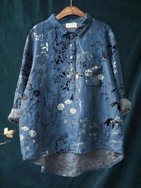 Chemise fleurie à manches longues avec col pour femme