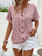 Women's Pink Floral Blouse Short Sleeve Button Top