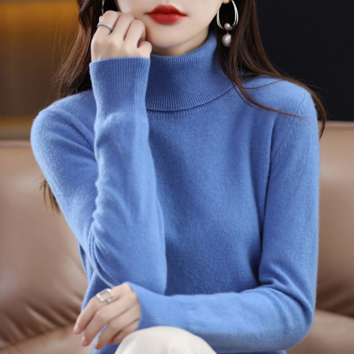 Pull à col roulé pour femme à manches longues