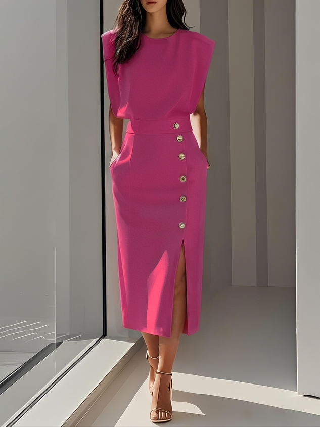 Robe midi sans manches pour femme, élégante avec boutons latéraux