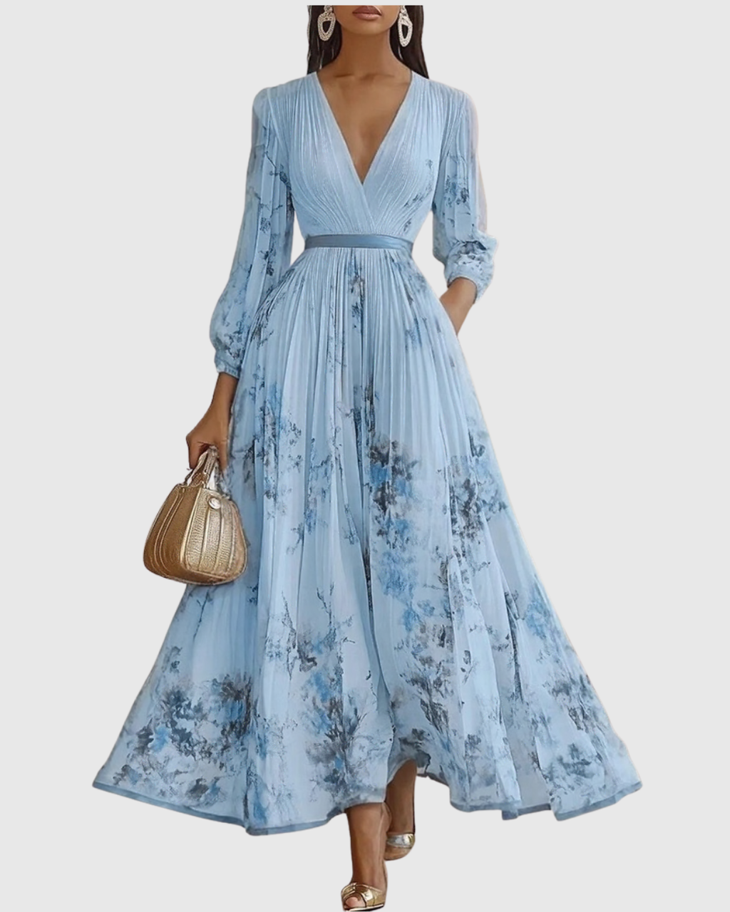 Női pliszírozott maxi ruha V-nyakkal, elegáns derékmegkötős ruha