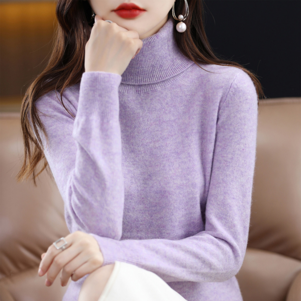 Pull à col roulé pour femme à manches longues