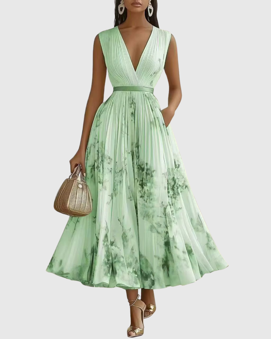 Robe maxi plissée pour femmes, col en V, robe élégante avec ceinture à la taille