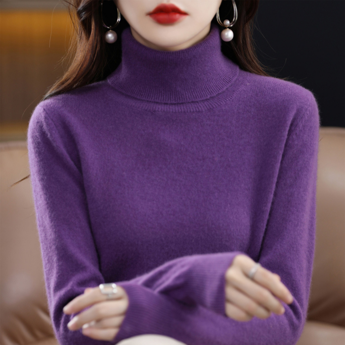 Pull à col roulé pour femme à manches longues