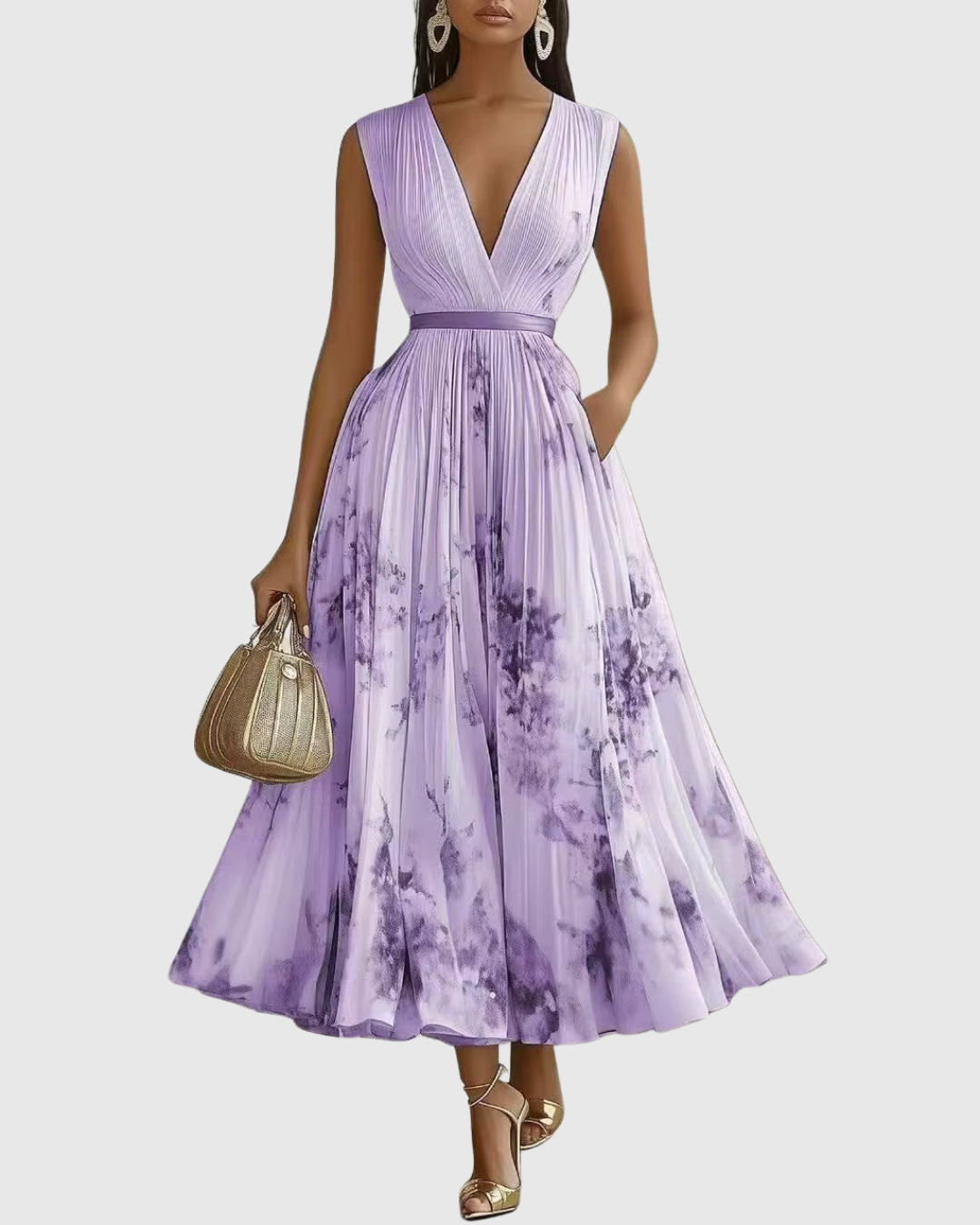 Robe maxi plissée pour femmes, col en V, robe élégante avec ceinture à la taille