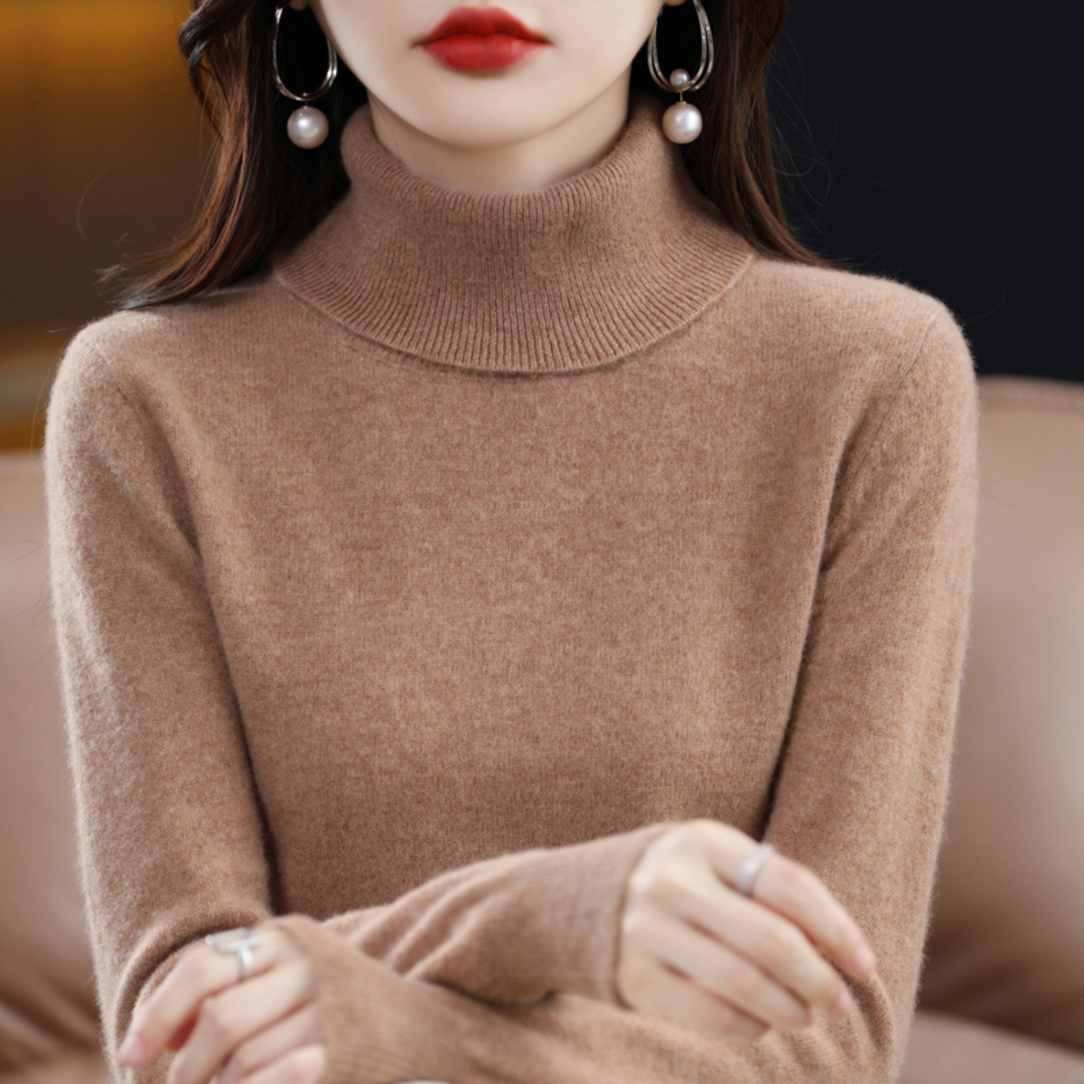 Pull à col roulé pour femme à manches longues