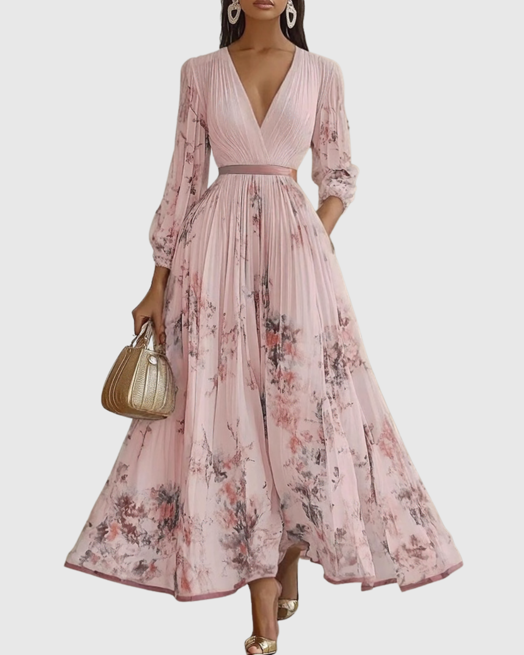 Robe maxi plissée pour femmes, col en V, robe élégante avec ceinture à la taille