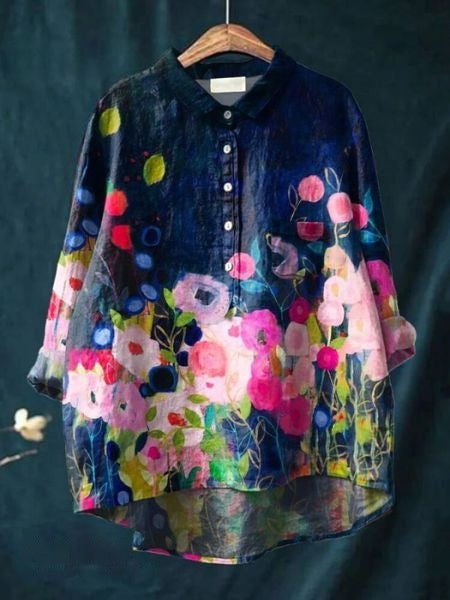 Chemise fleurie à manches longues avec col pour femme