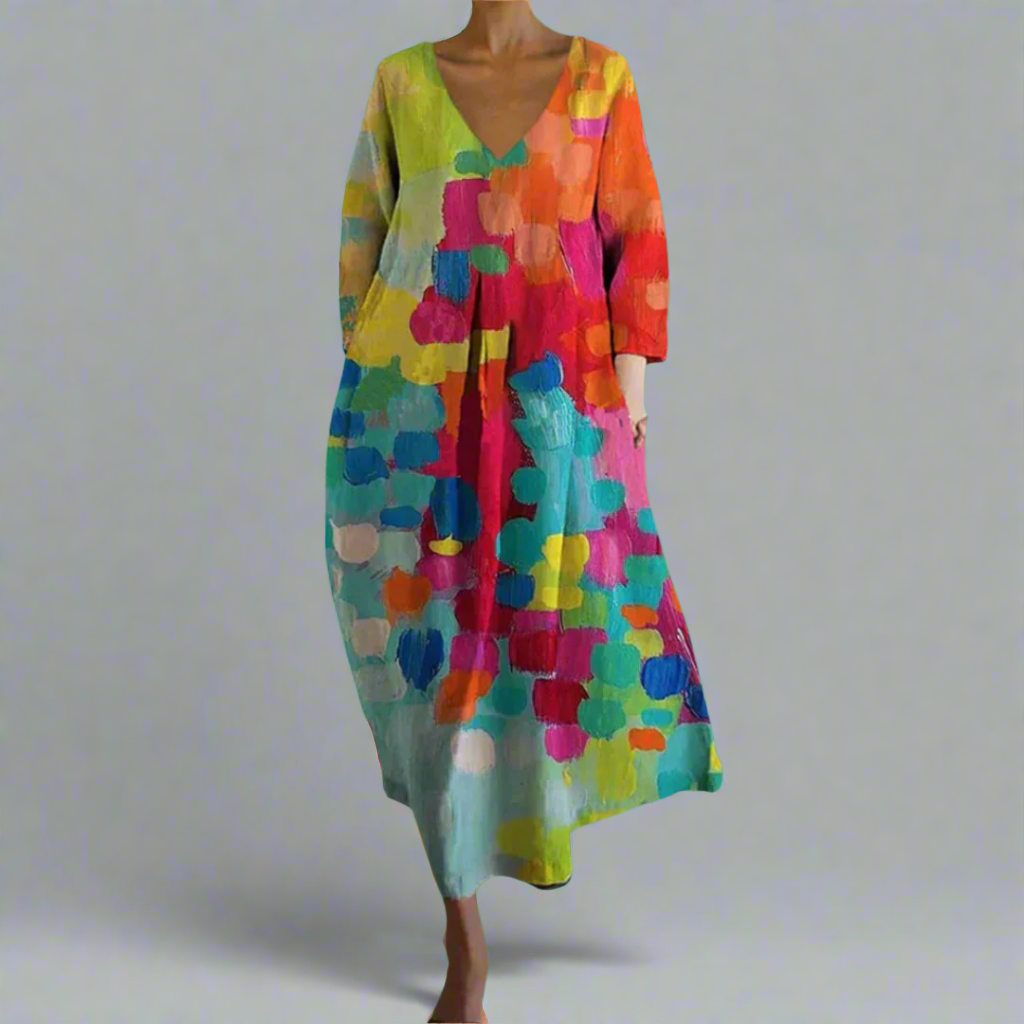 Robe longue à imprimé abstrait pour femme avec col en V