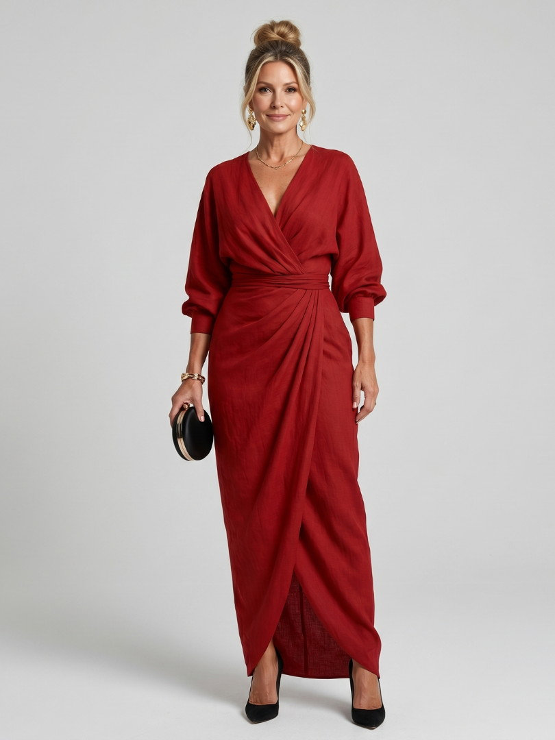 Robe midi cache-cœur superposée à manches longues et encolure en V