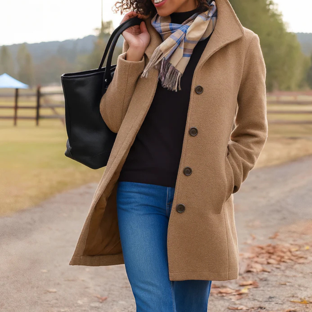Women's Button Coat with Notched Lapel and Longline Design