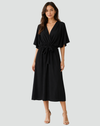 Elegant Flowing Midi Evening Dress with Wrap Neckline and Waist Tie