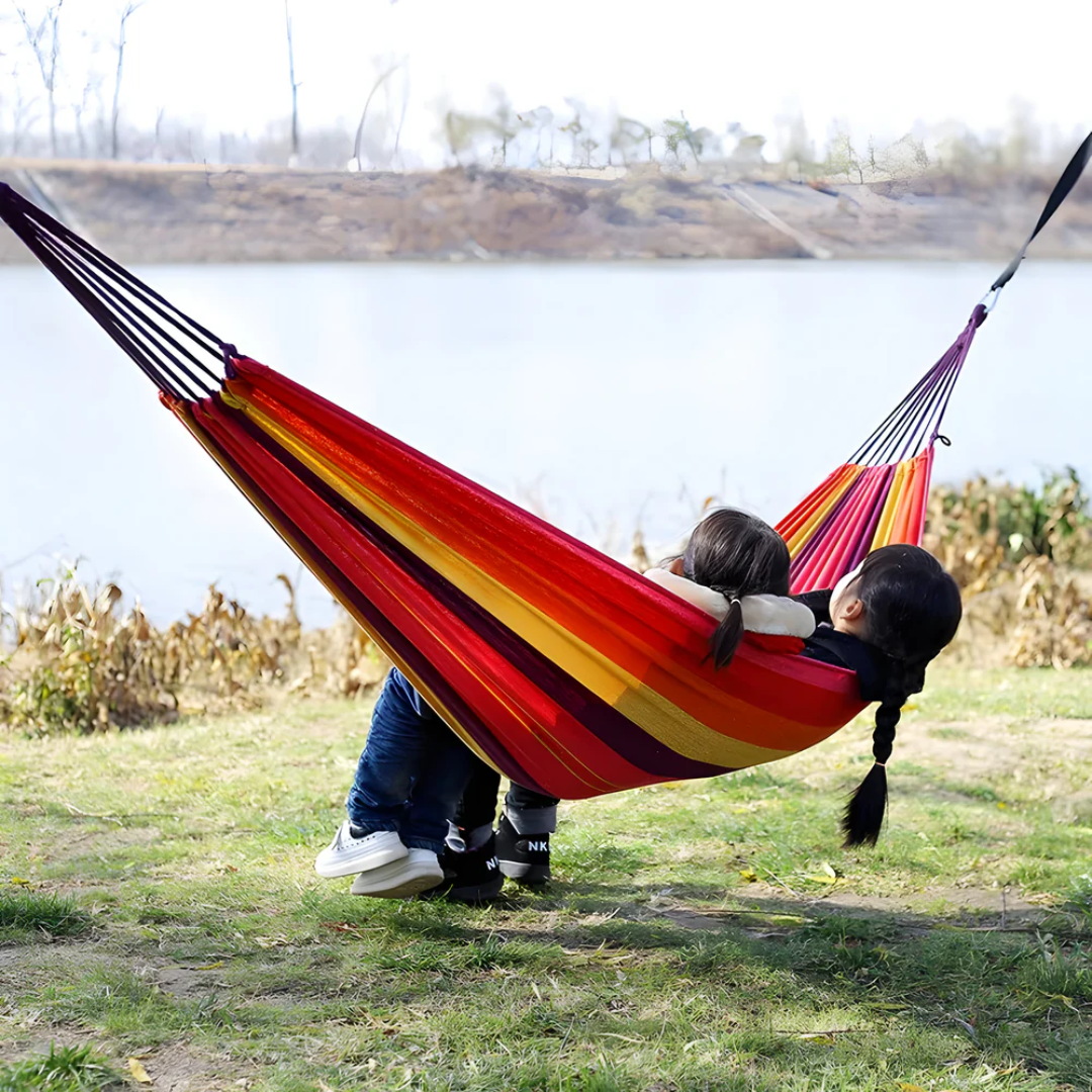 Outdoor Striped Hammock with Carrying Bag and Hanging Ropes