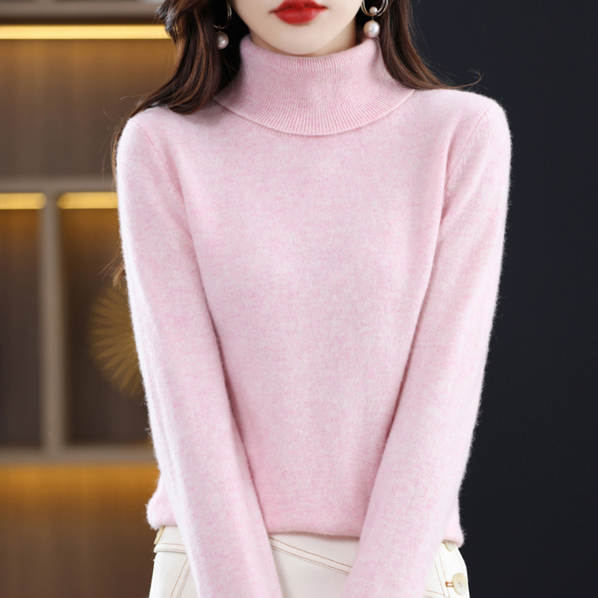 Pull à col roulé pour femme à manches longues