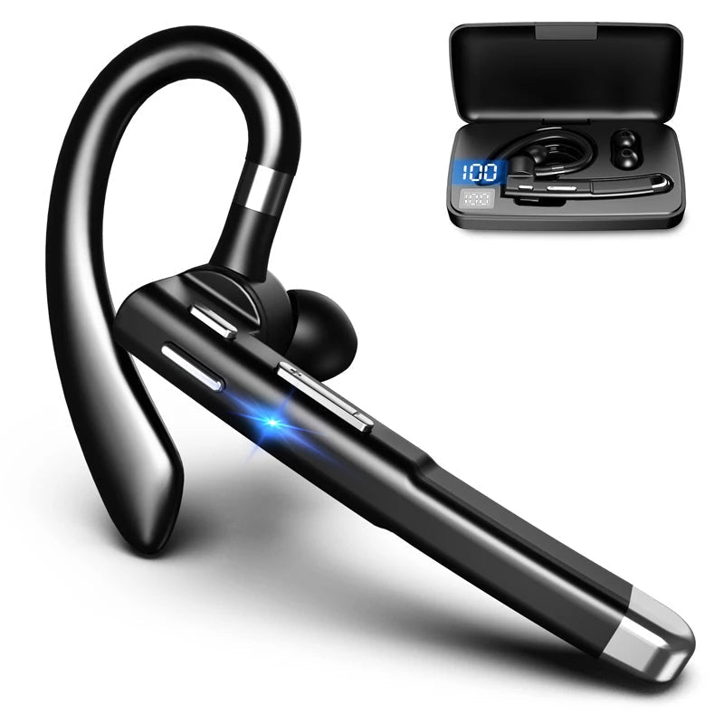 Vezeték nélküli Bluetooth-headset fülkampóval és töltőtokkal