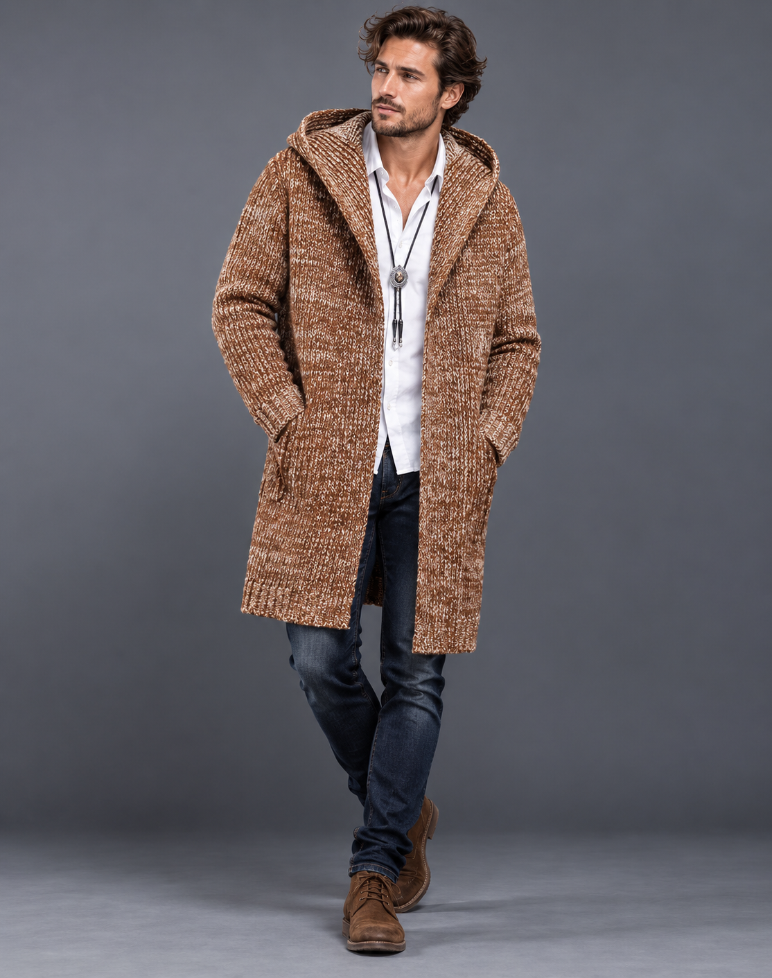 Men's Hooded Wool Blend Knitted Gilet with Toggle Fastening and Ribbed Cuffs