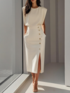 Women's Sleeveless Midi Dress Elegant Side Button