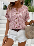 Women's Pink Floral Blouse Short Sleeve Button Top