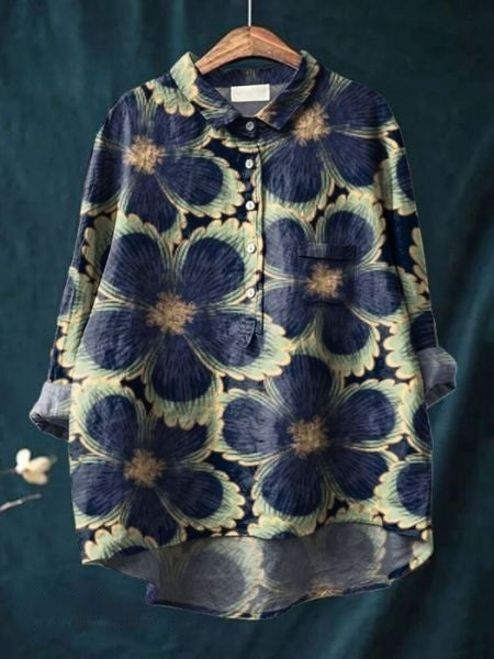 Chemise fleurie à manches longues avec col pour femme
