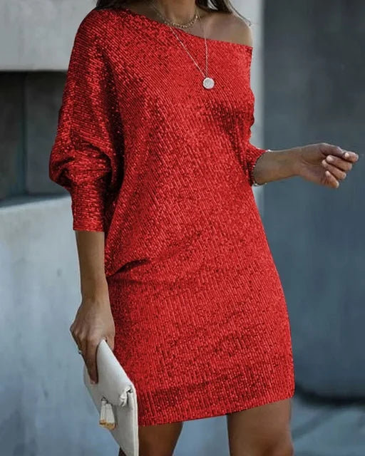 Mini robe à sequins pour femme, style soirée épaules dénudées