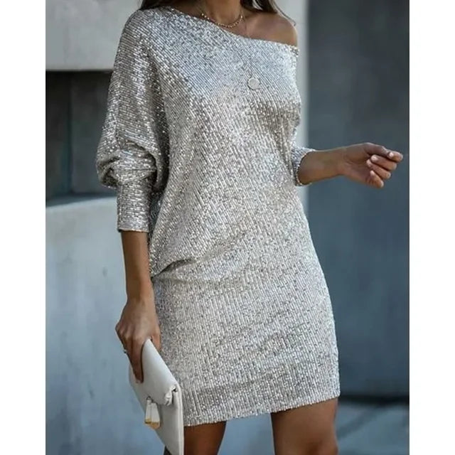 Mini robe à sequins pour femme, style soirée épaules dénudées