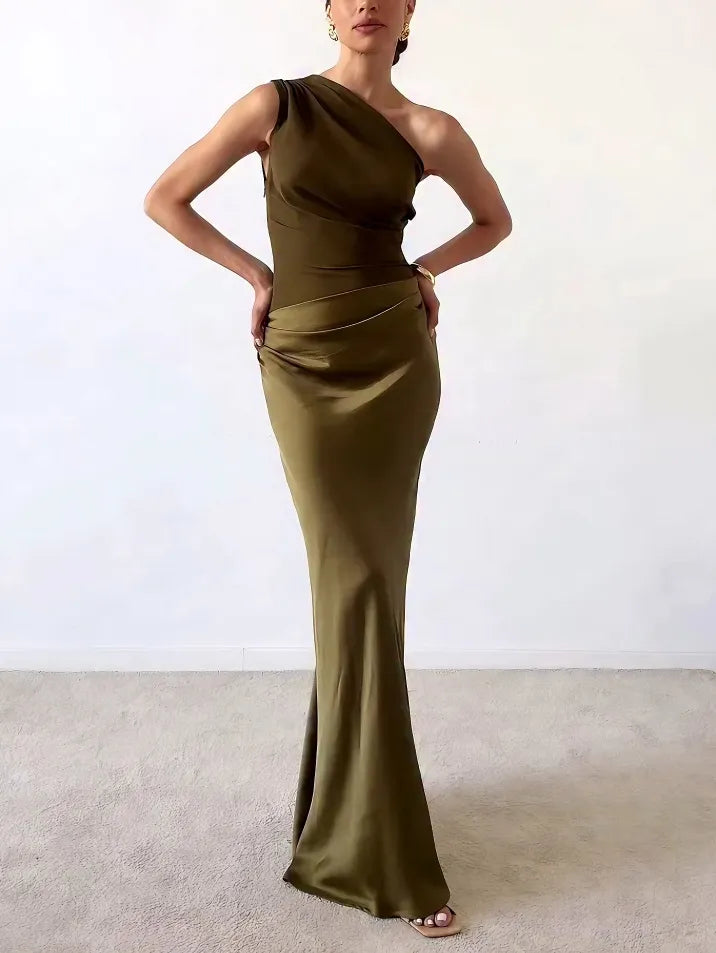 Robe de soirée maxi élégante à une épaule plissée