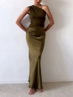 Elegant One Shoulder Neck Pleated Party Maxi Dress