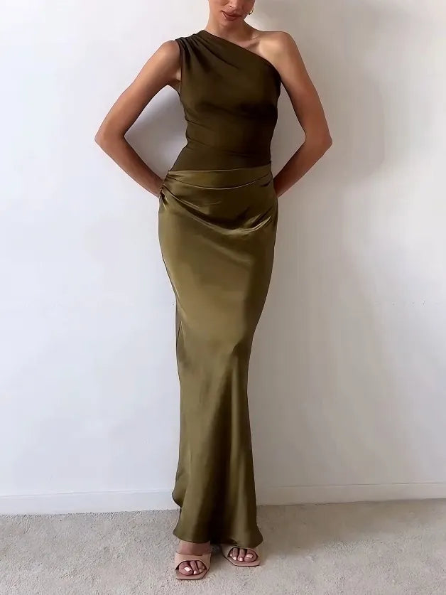 Women’s Elegant One-Shoulder Pleated Maxi Dress for Formal Events
