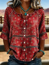 Ethnic Print Casual Blouse with Round Neck and 3/4 Sleeves for Spring and Summer