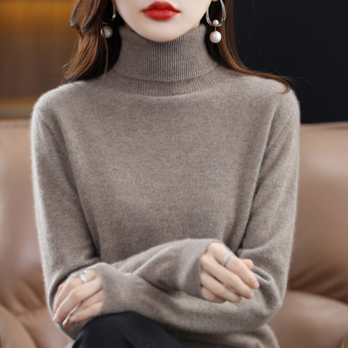 Pull à col roulé pour femme à manches longues