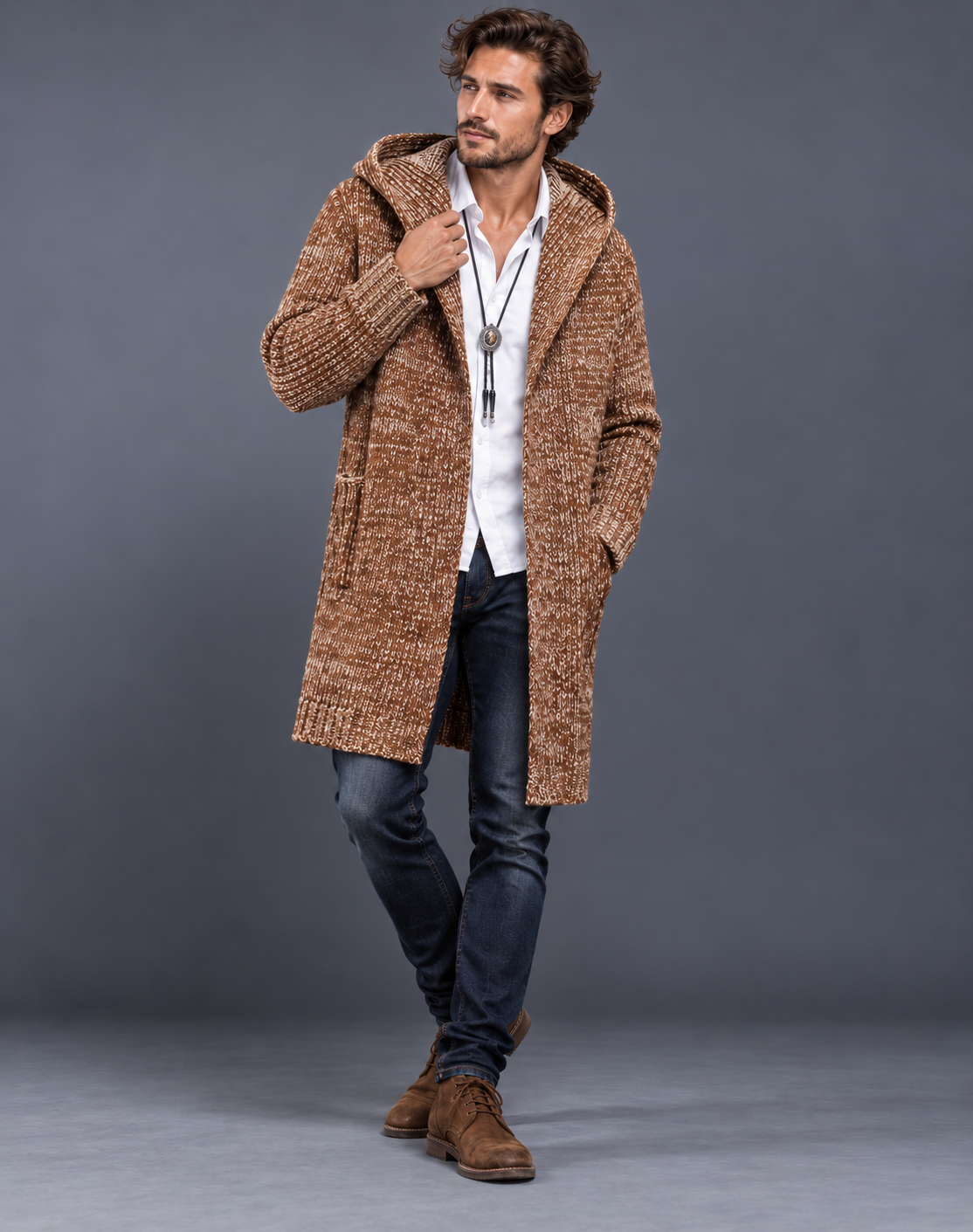 Men's Hooded Wool Blend Knitted Gilet with Toggle Fastening and Ribbed Cuffs