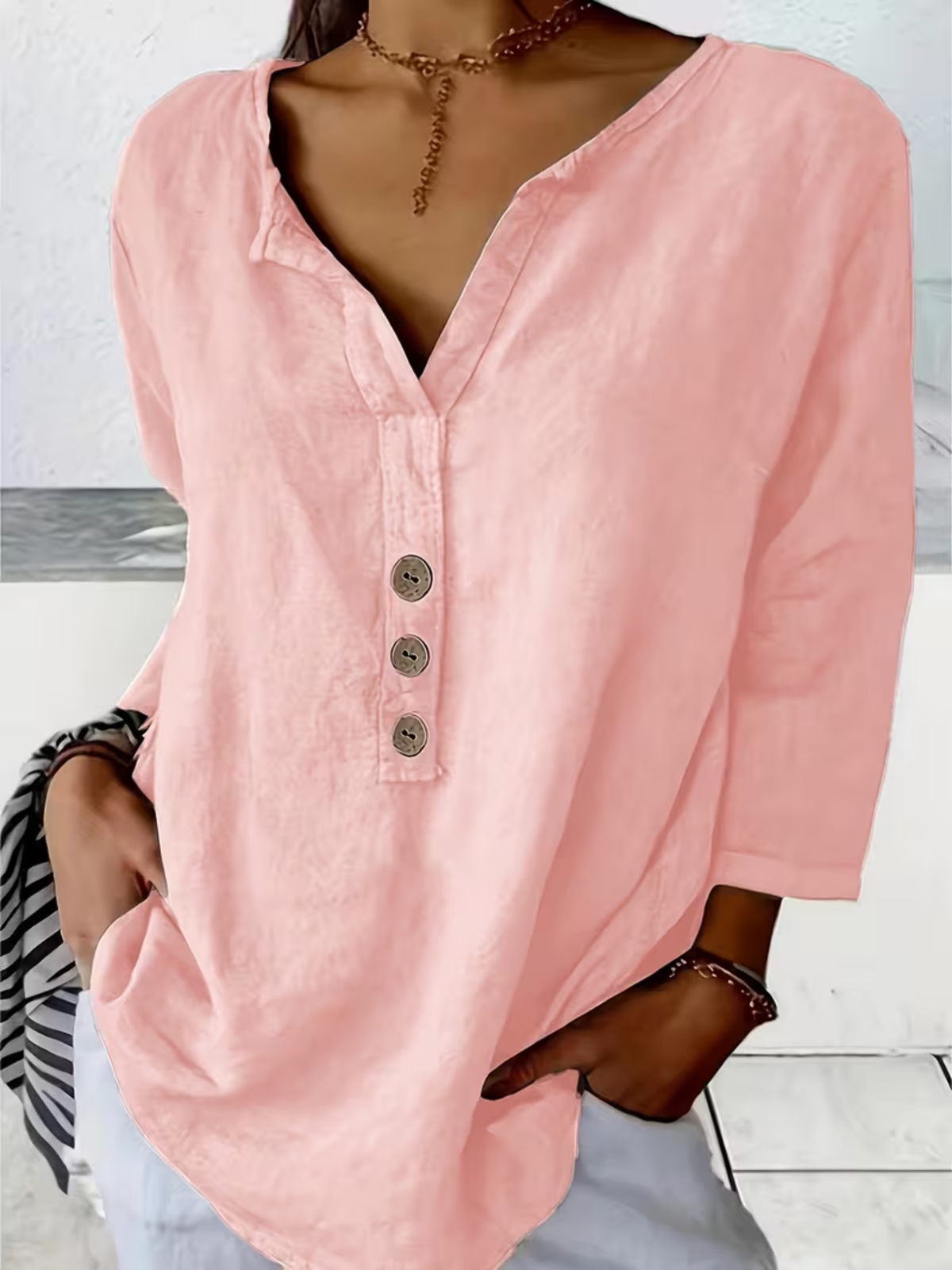 Blouse ample à col en V pour femmes, style décontracté élégant