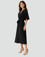 Elegant Flowing Midi Evening Dress with Wrap Neckline and Waist Tie