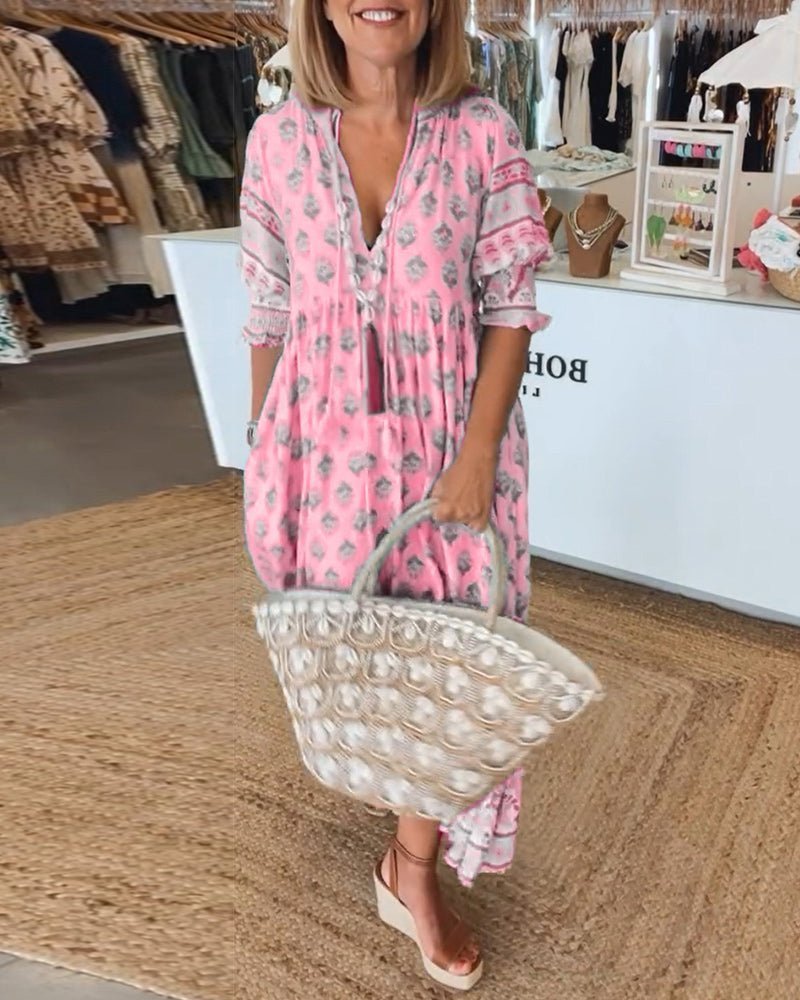 Robe maxi à col en V fleurie pour femmes, coupe décontractée et élégante