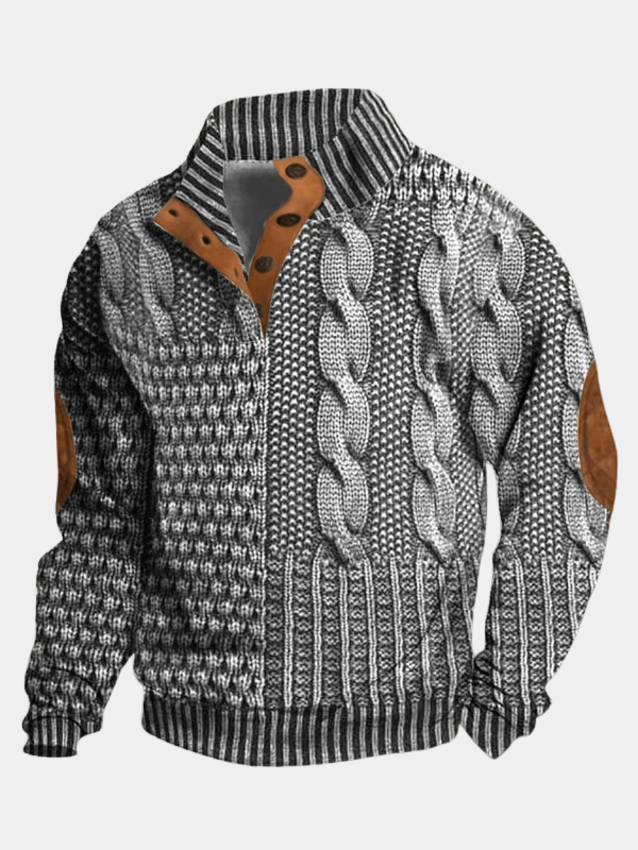 Men's Textured Cable Knit Sweater with Button Placket and Elbow Patches