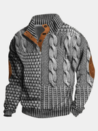 Men's Textured Cable Knit Sweater with Button Placket and Elbow Patches