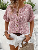 Women's Pink Floral Blouse Short Sleeve Button Top