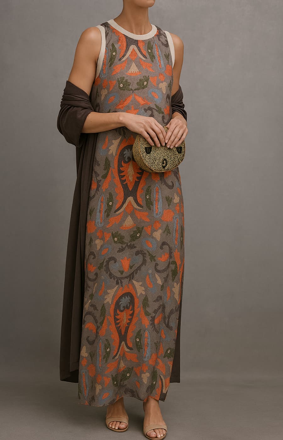 Robe longue imprimée pour femme avec manteau assorti ouvert devant