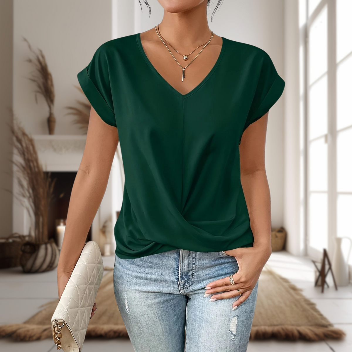 Blouse à col en V avec torsade devant pour femme, élégance décontractée