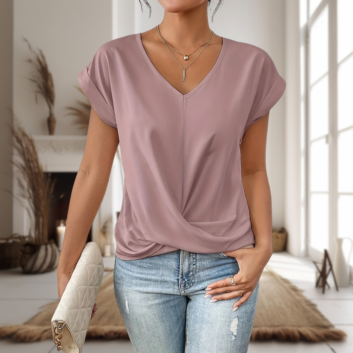 Blouse à col en V avec torsade devant pour femme, élégance décontractée