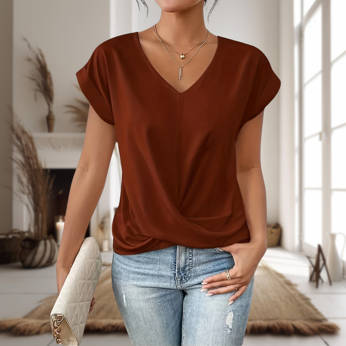 Blouse à col en V avec torsade devant pour femme, élégance décontractée