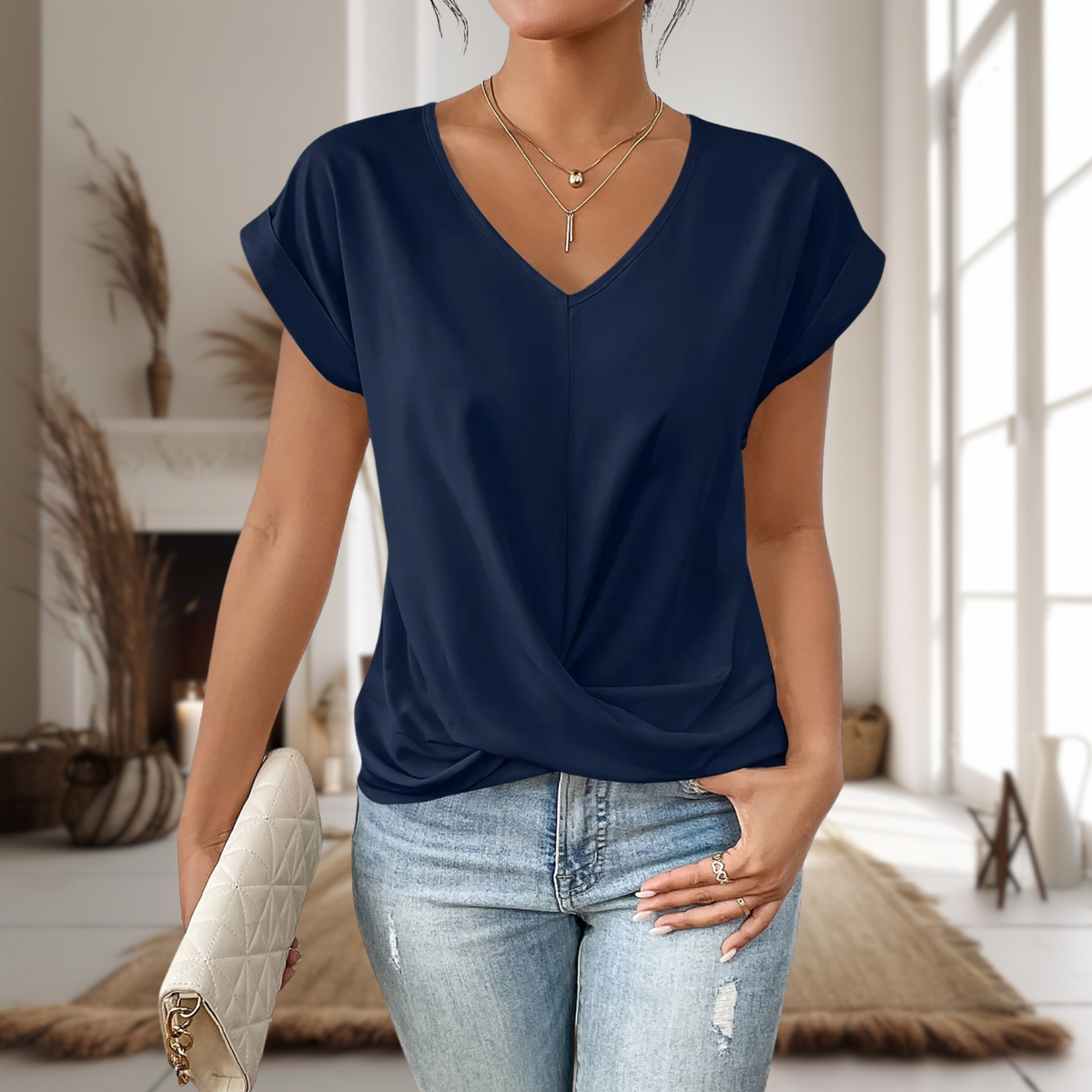Blouse à col en V avec torsade devant pour femme, élégance décontractée