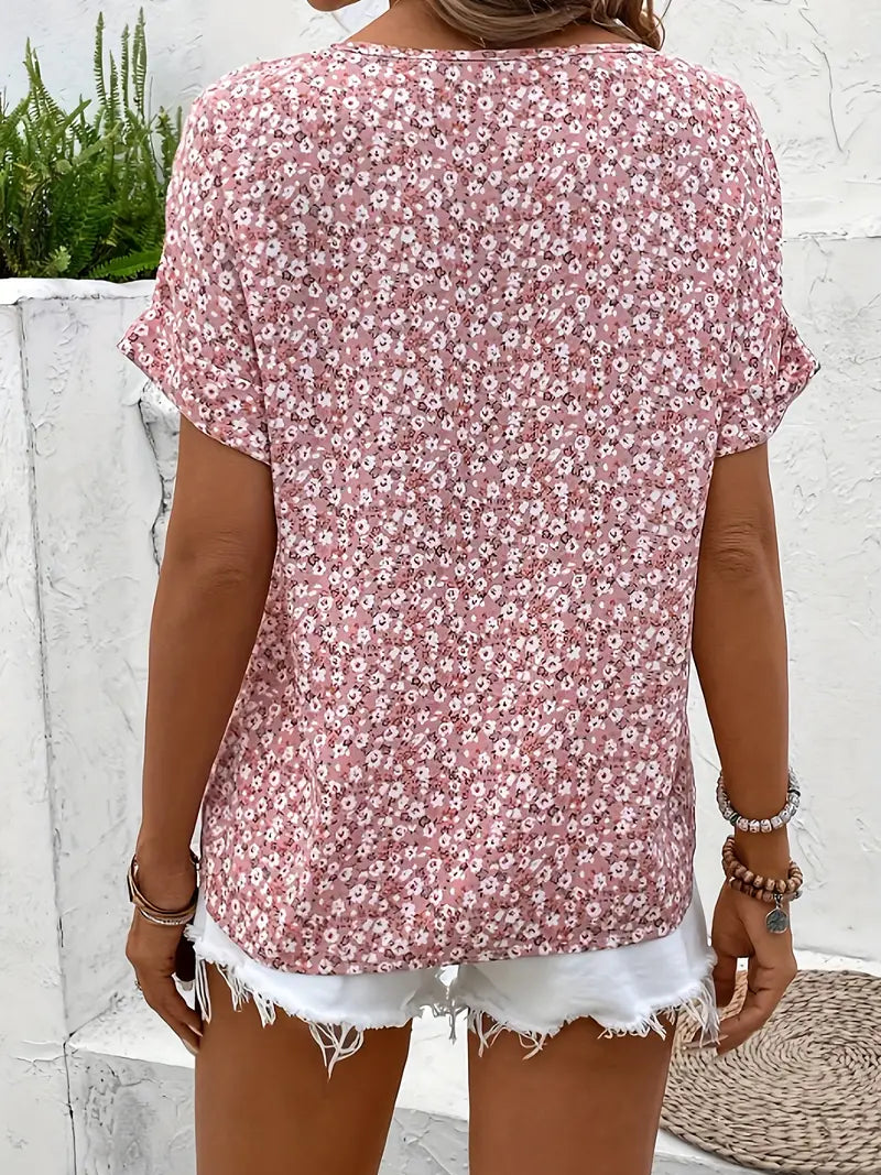 Women's Pink Floral Blouse Short Sleeve Button Top