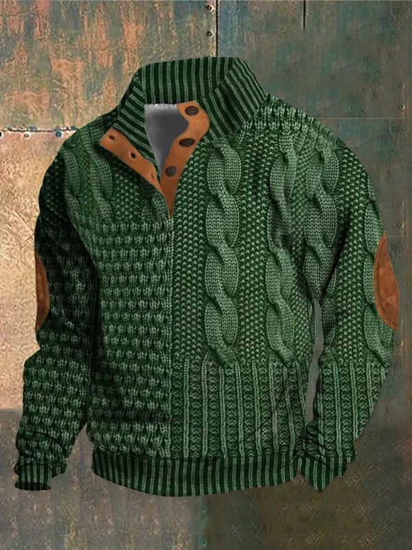 Men's Textured Cable Knit Sweater with Button Placket and Elbow Patches
