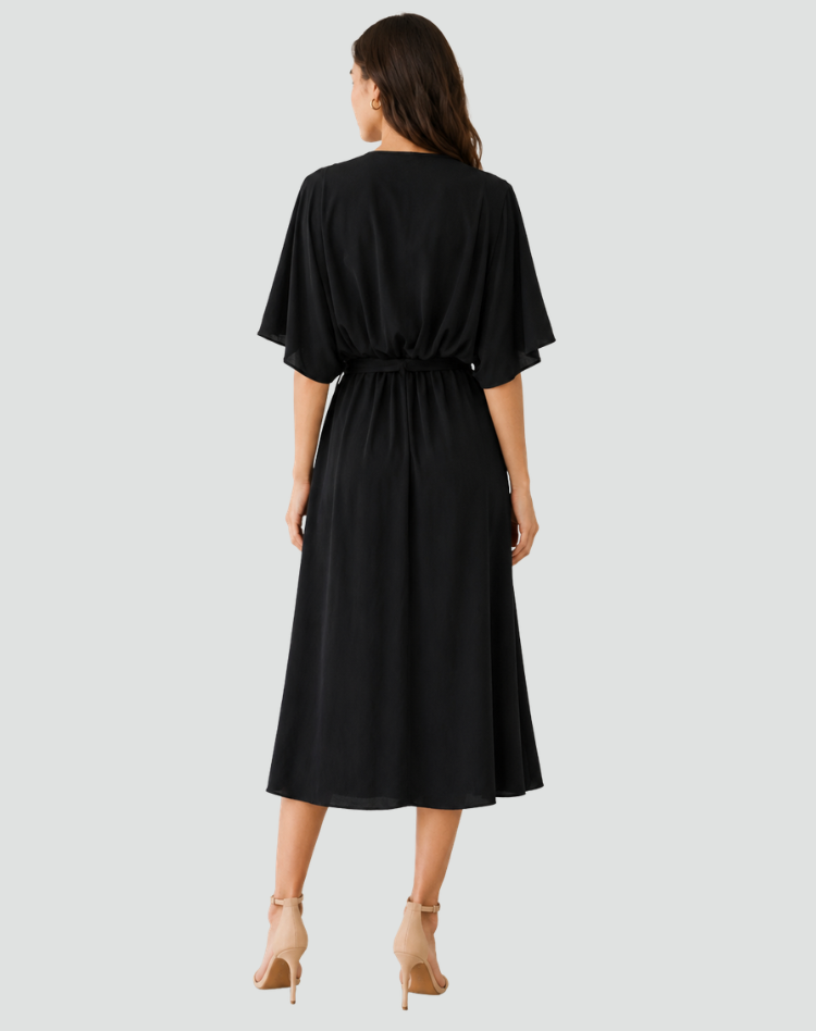 Elegant Flowing Midi Evening Dress with Wrap Neckline and Waist Tie