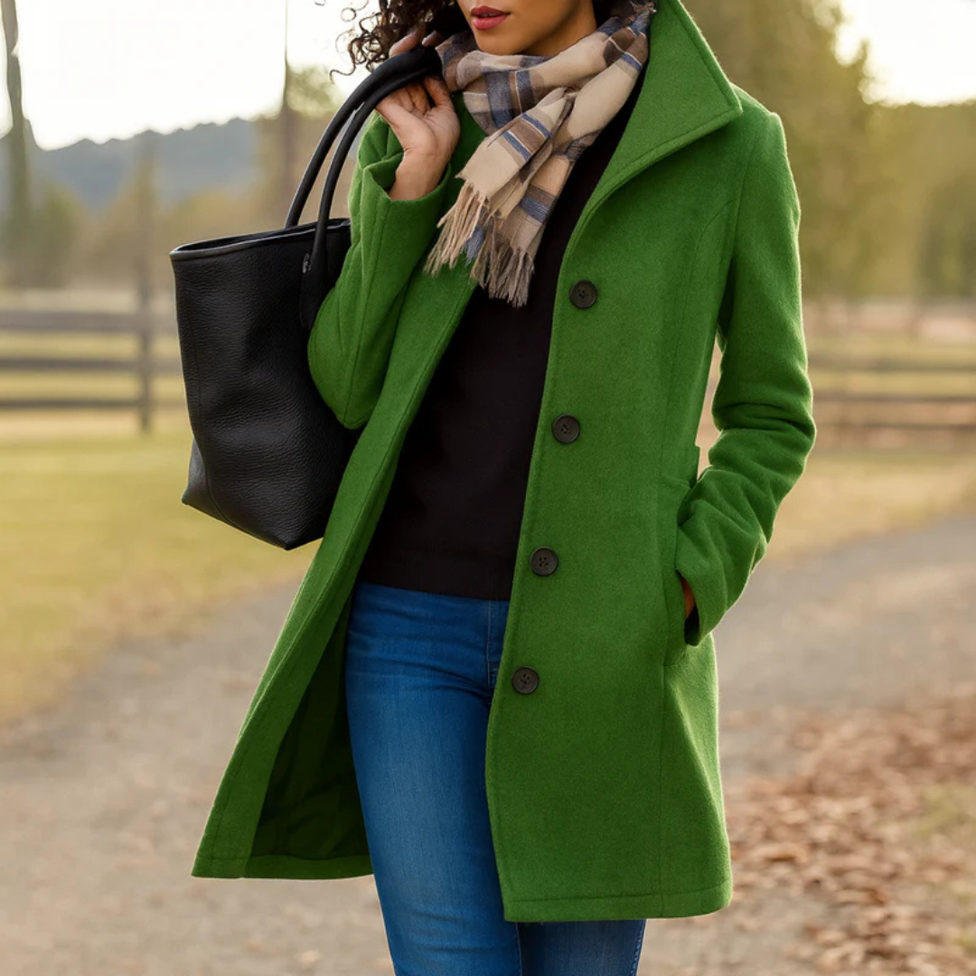Women's Button Coat with Notched Lapel and Longline Design
